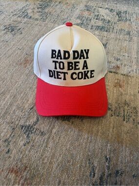 White and Red Baseball Cap with 'Bad Day To Be A Diet Coke' Embroidery